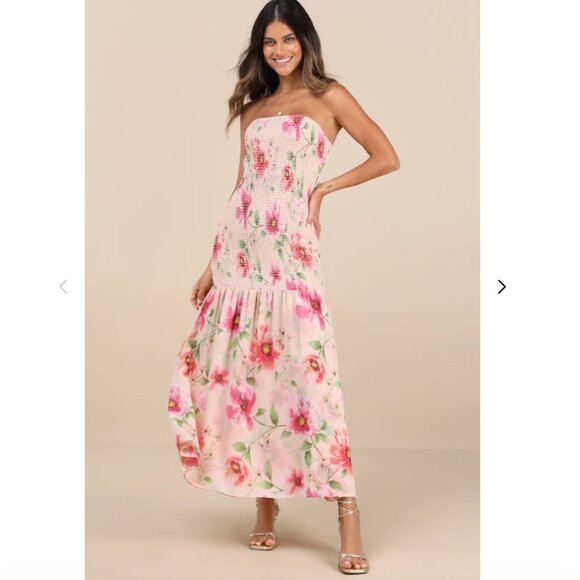 NWT Lulus Balbina Beige Floral Smocked Drop Waist Maxi Dress - Picture 1 of 6